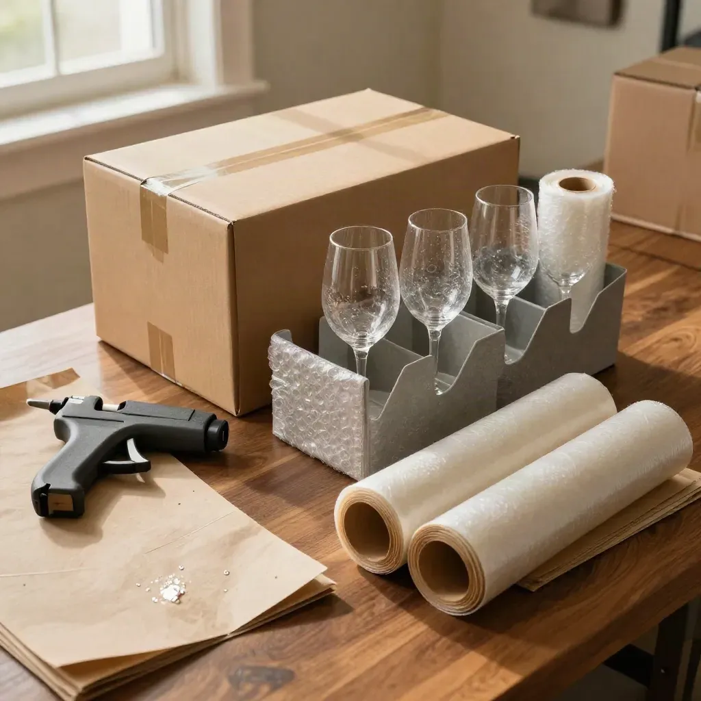 Top-down packing counter with sealed boxes, wrapped glassware, dish dividers, tape gun and kraft paper.