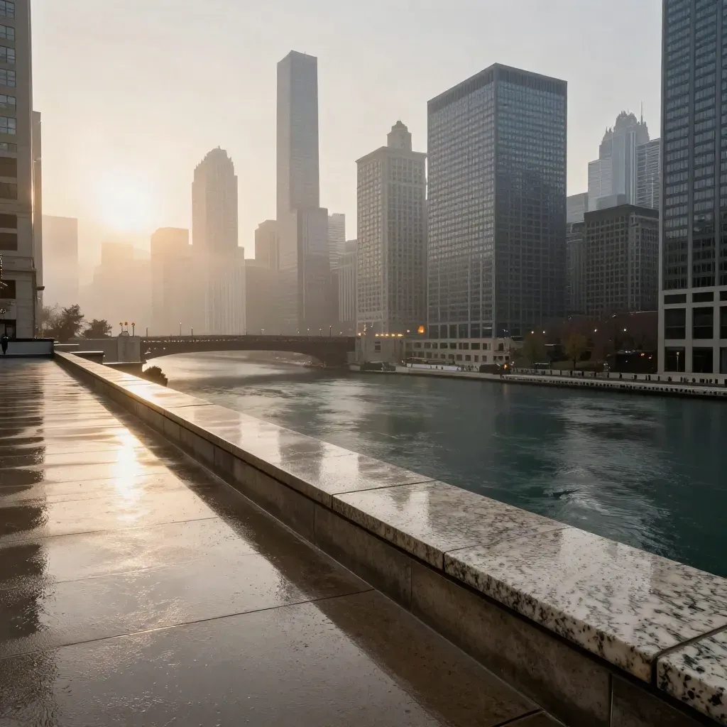 Chicago skyline with Willis Tower above the river from a wet rooftop at sunrise
