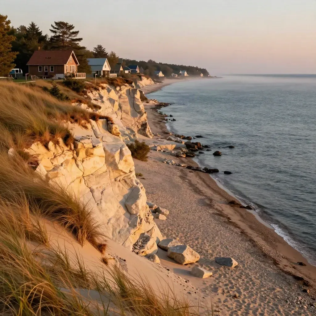 Golden-hour North Shore bluff above Lake Michigan, misty water and distant homes